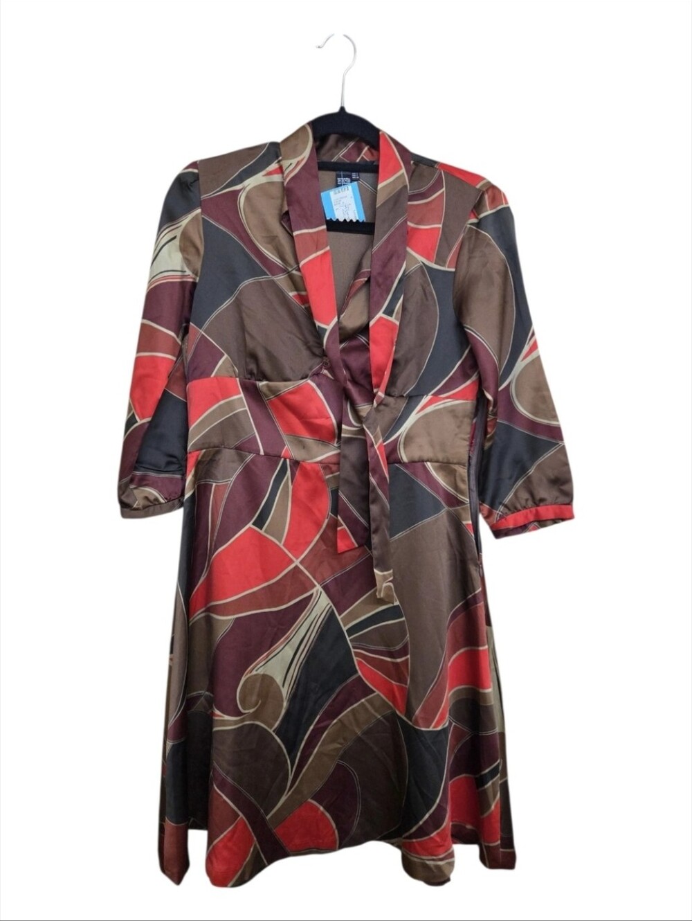 Zara Basic Vintage Geometric Abstract Midi Dress Tie Neck Earthy Boho Size L